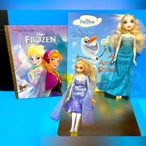 DISNEY FROZEN 2015 ELSA DOLL, 2018 ELSA DOLL & 2 HARDCOVER BOOKS, FROZEN BUNDLE